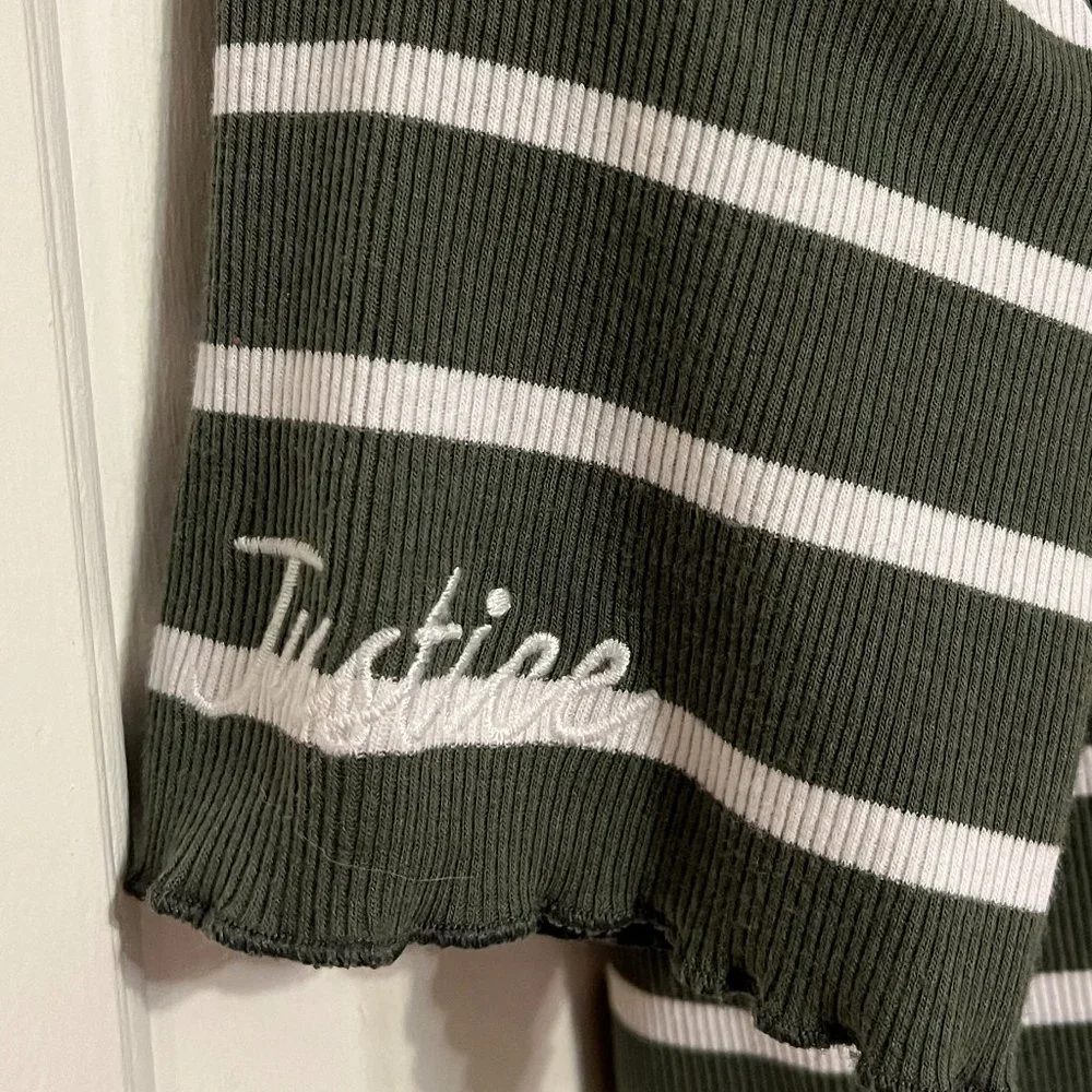 Justice olive/ivory striped short sleeve crop top sz 14/16